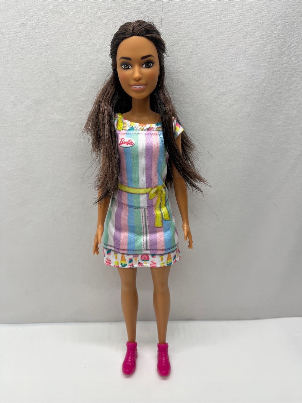 Barbie  Ice cream shop Pastel Stripe Dress with Yellow Sash and Pink Shoes